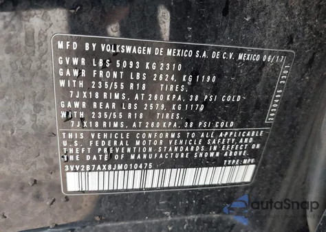 2018 Volkswagen Tiguan 2.0T Se/2.0T Sel from USA, damaged, VIN 3VV2B7AX8JM010475